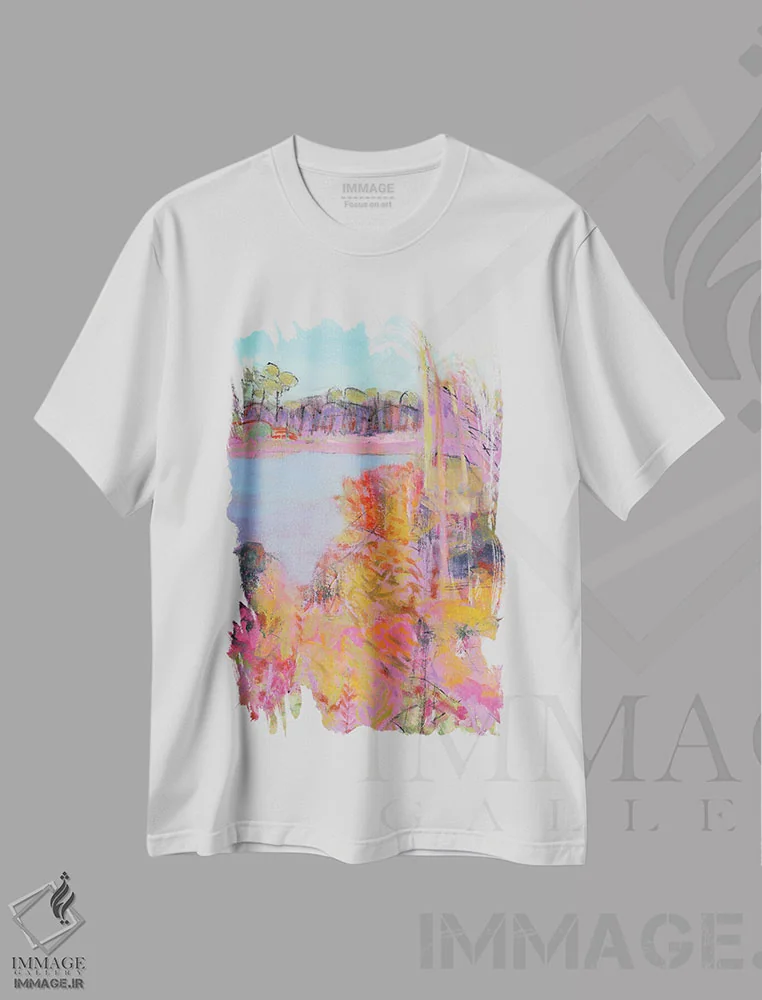تیشرت سفید طرح دار رنگ های پاییزی اطراف یک برکه، آبستره اثر کریسی هاورز | immage.ir