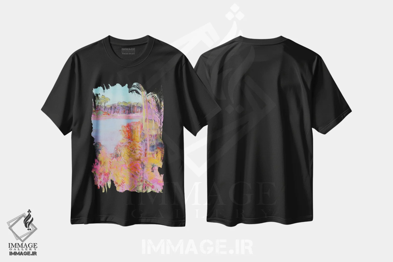 تیشرت مشکی طرح دار رنگ های پاییزی اطراف یک برکه، آبستره اثر کریسی هاورز | فروشگاه ایماژ
