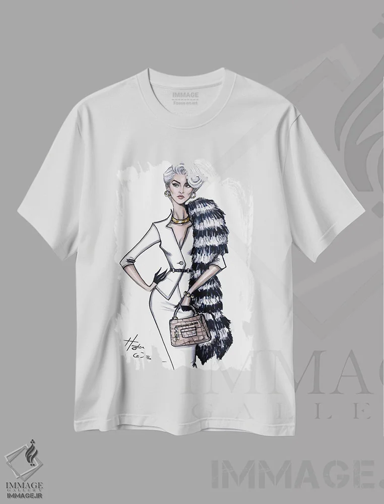 تیشرت سفید طرح دار میراندا پریستلی، دست نقاشی و طراحی دستی اثر هایدن ویلیامز | فروشگاه ایماژ