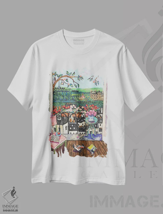 تیشرت سفید طرح دار جشن سیار، تزئینی اثر هالی وُجاهن | فروشگاه ایماژ