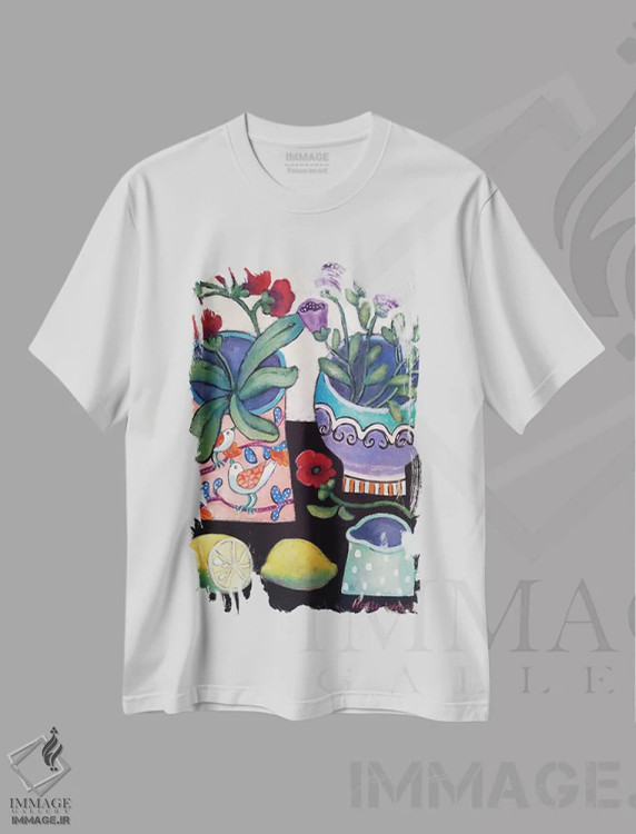 تیشرت سفید طرح دار طبیعت بی جان شاد با لیمو، تزئینی اثر هالی وُجاهن | فروشگاه ایماژ