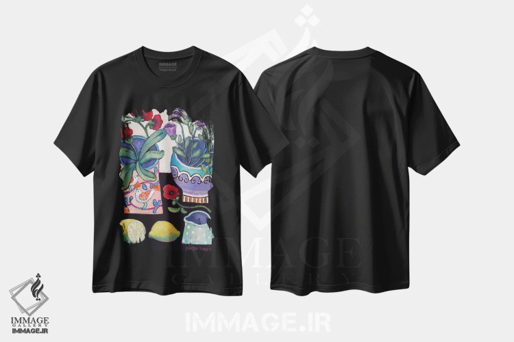 تیشرت مشکی طرح دار طبیعت بی جان شاد با لیمو، تزئینی اثر هالی وُجاهن | immage.ir