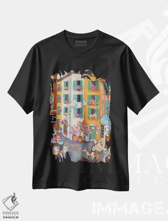 تیشرت مشکی طرح دار شهر قدیمی، تزئینی اثر هالی وُجاهن | فروشگاه ایماژ