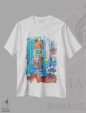 تیشرت سفید طرح دار منظره کنار تراسم، تزئینی اثر هالی وُجاهن | فروشگاه ایماژ