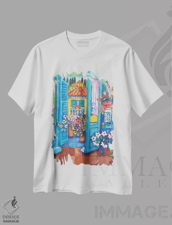 تیشرت سفید طرح دار منظره کنار تراسم، تزئینی اثر هالی وُجاهن | فروشگاه ایماژ