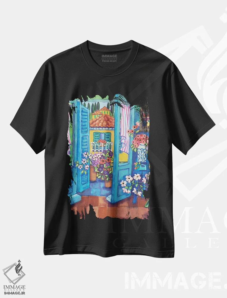 تیشرت مشکی طرح دار منظره کنار تراسم، تزئینی اثر هالی وُجاهن | immage.ir