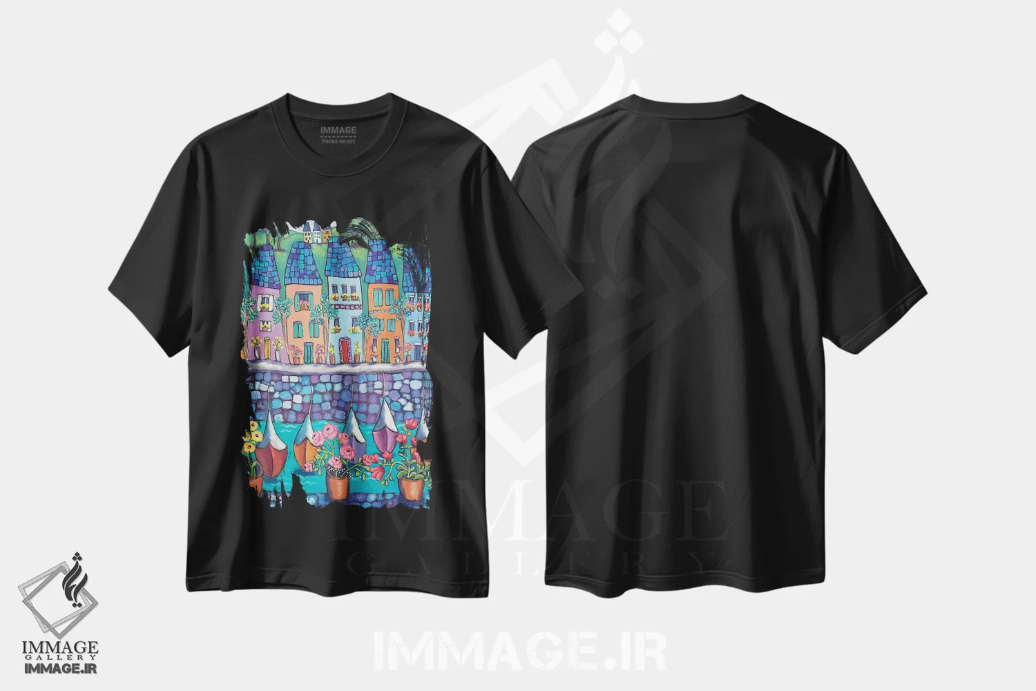 تیشرت مشکی طرح دار شهر کنار دریا، تزئینی اثر هالی وُجاهن | فروشگاه ایماژ
