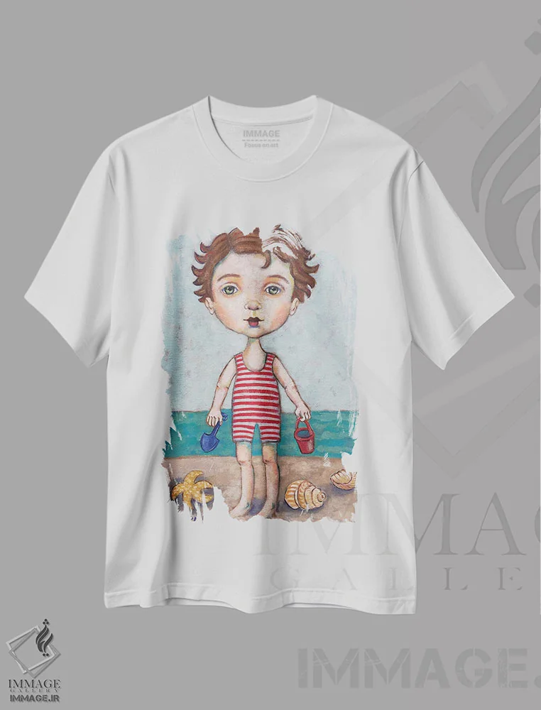 تیشرت سفید طرح دار پسر ساحل، دکور ساحلی اثر هالی وُجاهن | فروشگاه ایماژ