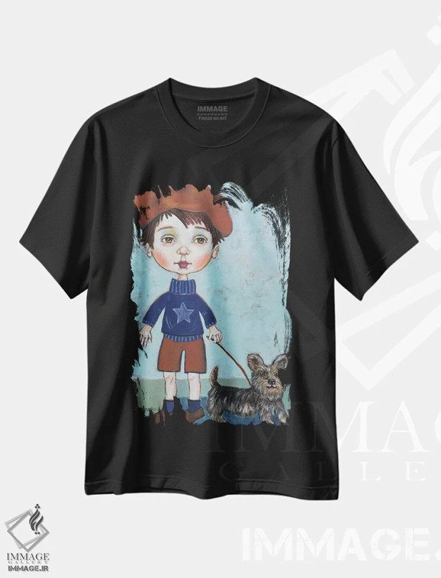 تیشرت مشکی طرح دار پسر با سگ، هنر فاخر معاصر اثر هالی وُجاهن | فروشگاه ایماژ