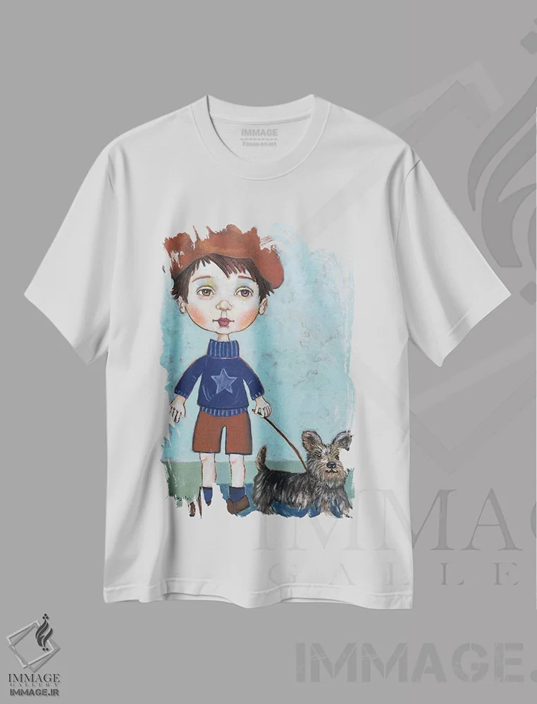 تیشرت سفید طرح دار پسر با سگ، هنر فاخر معاصر اثر هالی وُجاهن | immage.ir