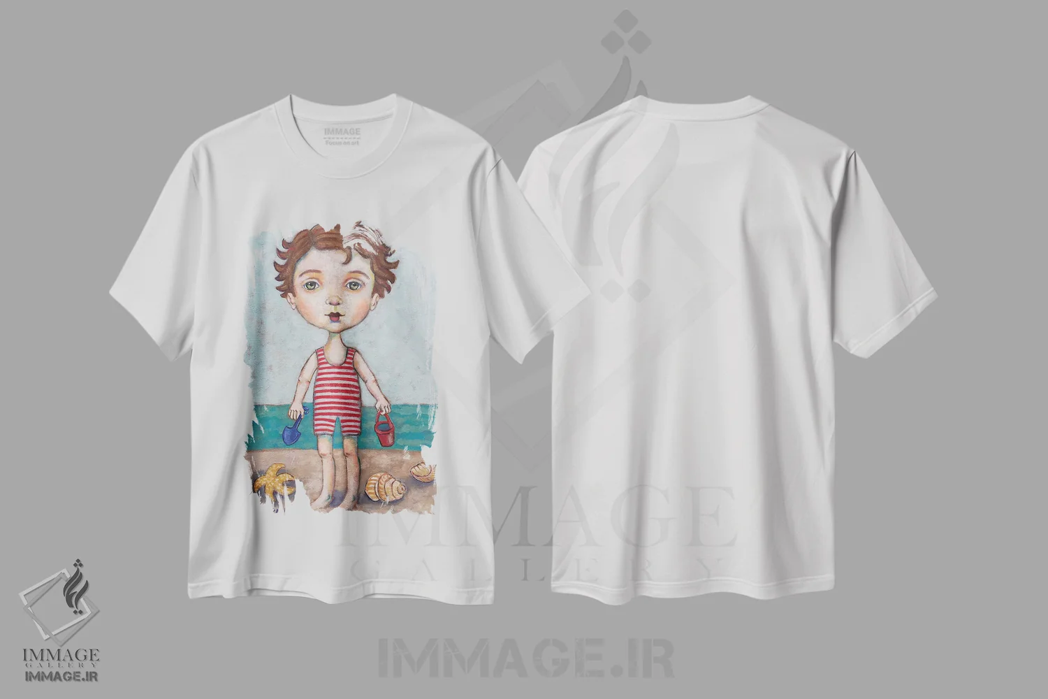 تیشرت سفید طرح دار پسر ساحل، دکور ساحلی اثر هالی وُجاهن | فروشگاه ایماژ
