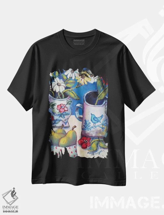 تیشرت مشکی طرح دار گل ها و گلابی ها، هنر فاخر معاصر اثر هالی وُجاهن | فروشگاه ایماژ
