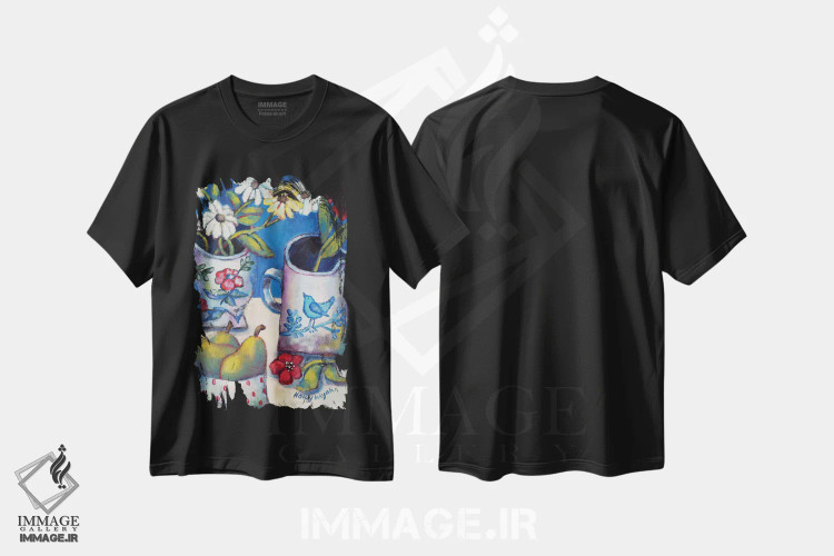 تیشرت مشکی طرح دار گل ها و گلابی ها، هنر فاخر معاصر اثر هالی وُجاهن | فروشگاه ایماژ