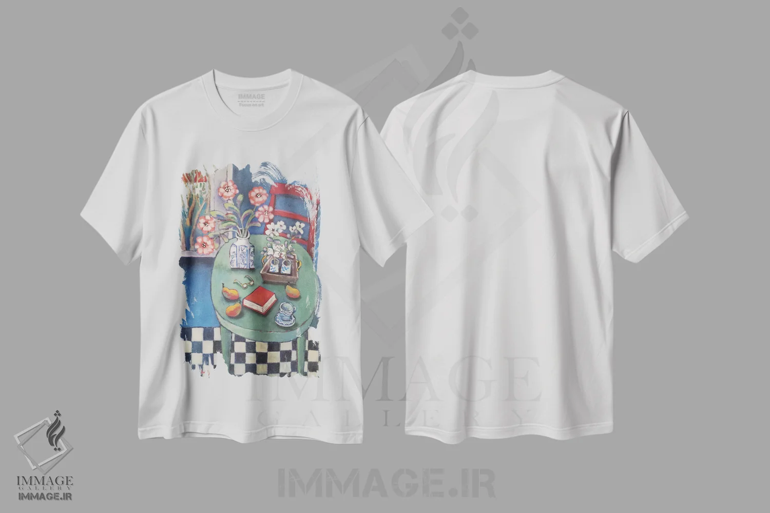 تیشرت سفید طرح دار میز سبز، هنر فاخر معاصر اثر هالی وُجاهن | فروشگاه ایماژ
