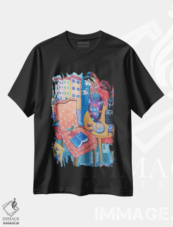 تیشرت مشکی طرح دار سالن رنگارنگ، هنر فاخر معاصر اثر هالی وُجاهن | فروشگاه ایماژ