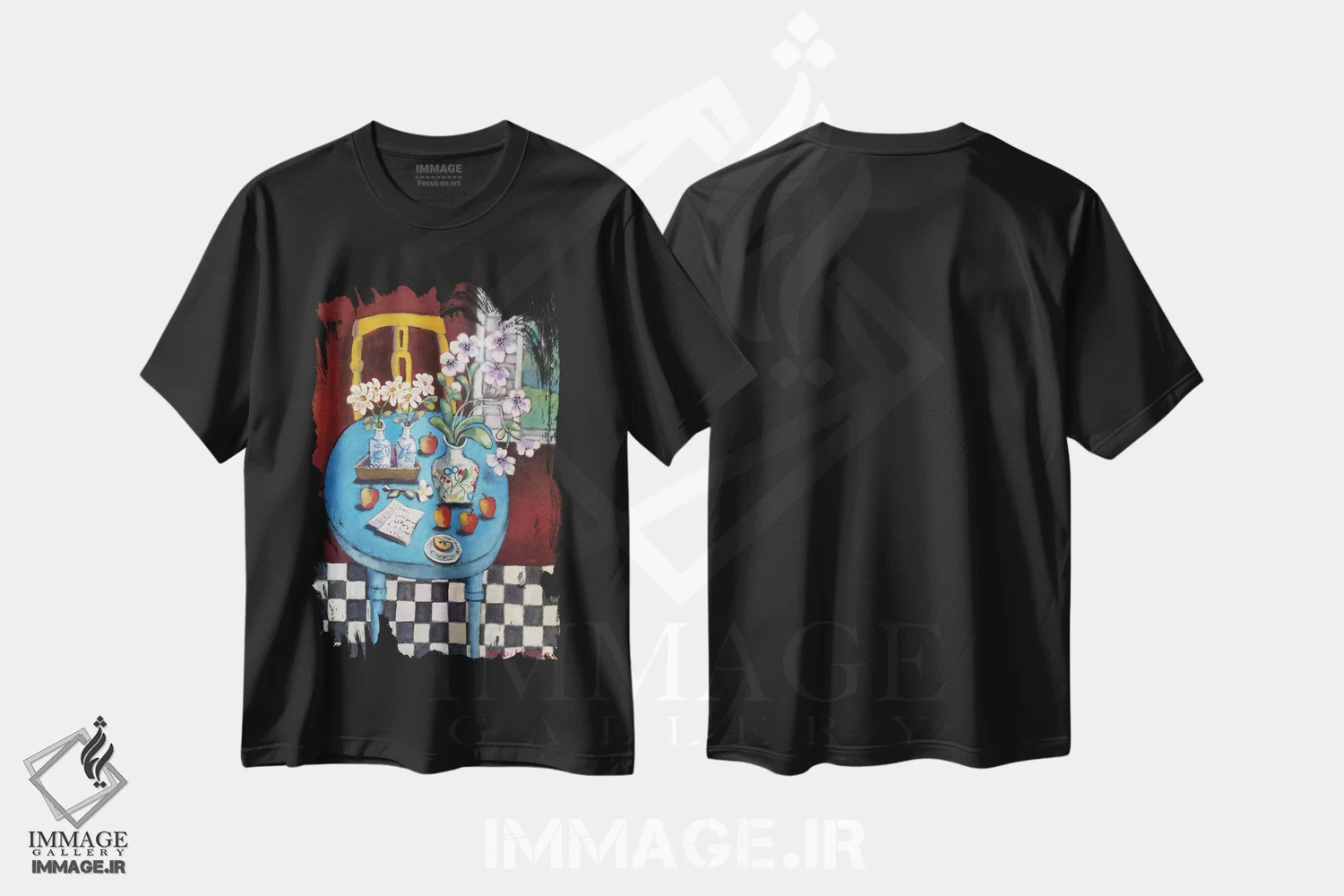 تیشرت مشکی طرح دار میز آبی، هنر فاخر معاصر اثر هالی وُجاهن | فروشگاه ایماژ