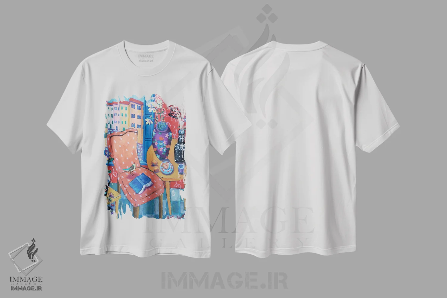 تیشرت سفید طرح دار سالن رنگارنگ، هنر فاخر معاصر اثر هالی وُجاهن | immage.ir