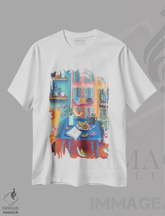 تیشرت سفید طرح دار فضای داخلی منتون، هنر فاخر معاصر اثر هالی وُجاهن | فروشگاه ایماژ