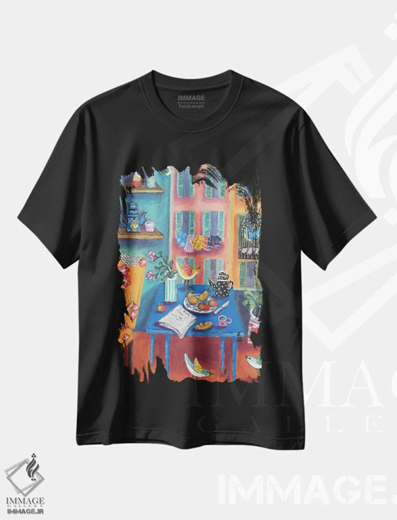 تیشرت مشکی طرح دار فضای داخلی منتون، هنر فاخر معاصر اثر هالی وُجاهن | immage.ir