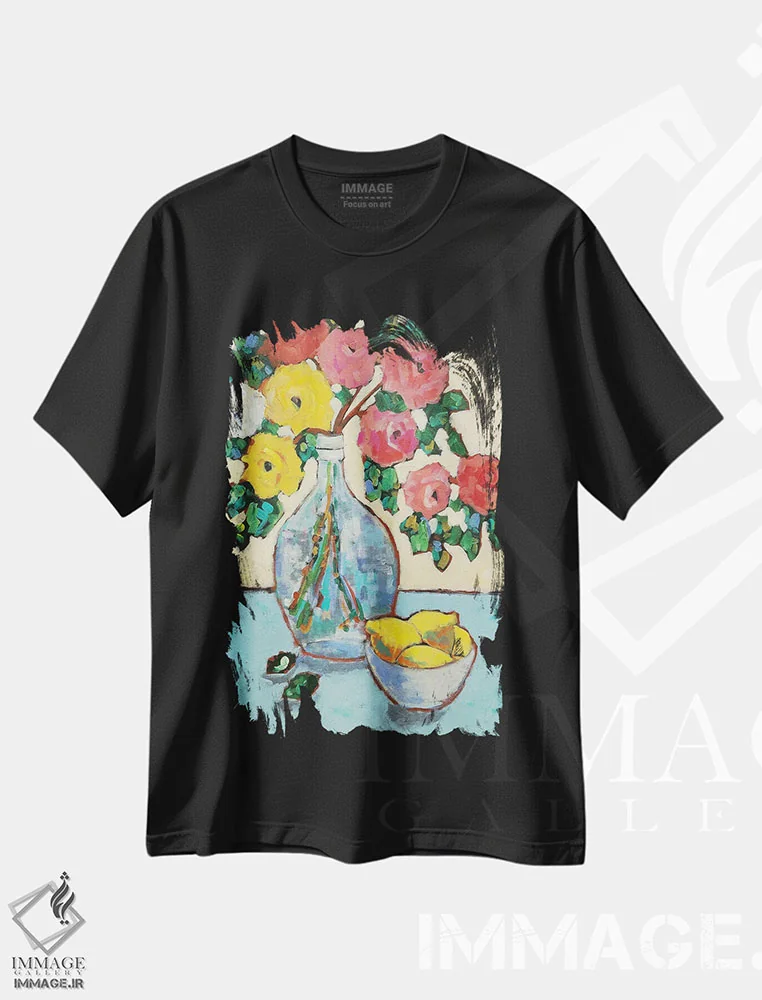 تیشرت مشکی طرح دار غنچه ها در بطری، مدیوم اثر هالی وُجاهن | فروشگاه ایماژ