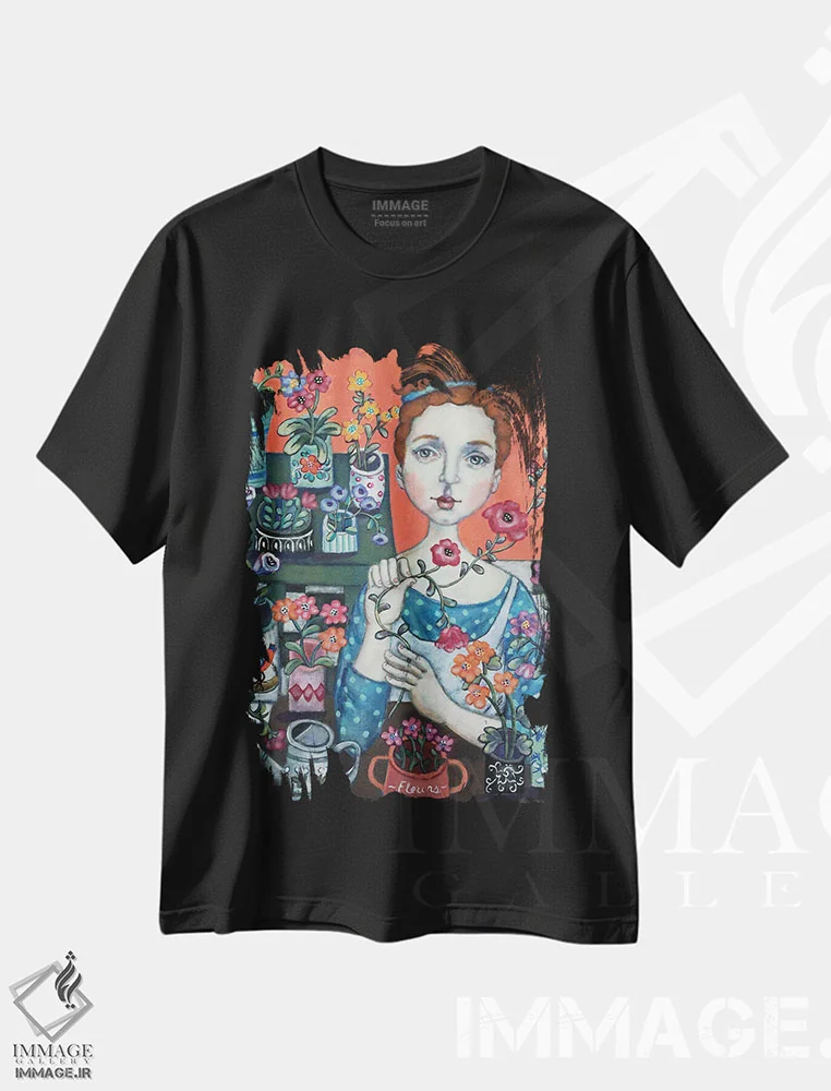 تیشرت مشکی طرح دار گل فروش زیبا، تزئینی اثر هالی وُجاهن | immage.ir