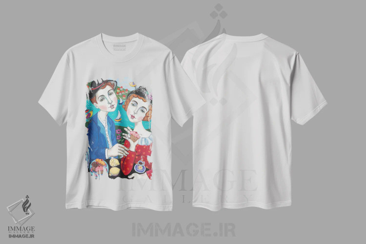 تیشرت سفید طرح دار زوج همراه کیک ها، تزئینی اثر هالی وُجاهن | فروشگاه ایماژ