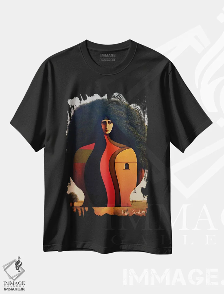 تیشرت مشکی طرح دار بدنم قلعه من است، هنر فاخر معاصر اثر هایک شالانتس | فروشگاه ایماژ