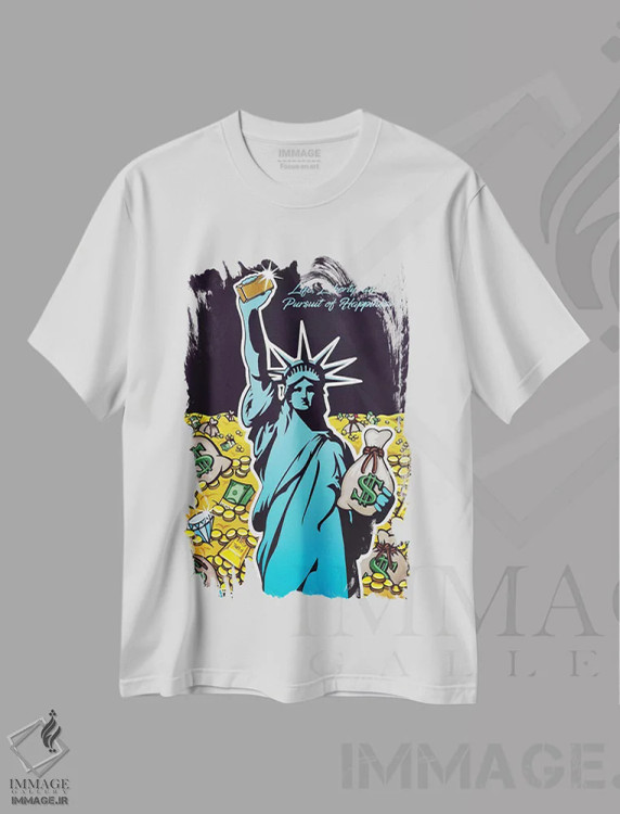 تیشرت سفید طرح دار آزادی طلایی اثر هایبرید لایف آرت | immage.ir