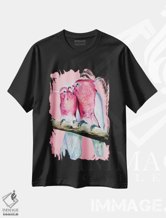تیشرت مشکی طرح دار طوطی های میچل خیلی بامزه، هنر فاخر معاصر اثر هیلی موریس | فروشگاه ایماژ