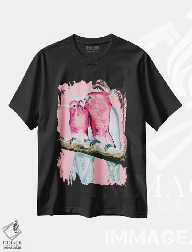 تیشرت مشکی طرح دار طوطی های میچل خیلی بامزه، هنر فاخر معاصر اثر هیلی موریس | فروشگاه ایماژ