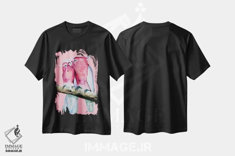 تیشرت مشکی طرح دار طوطی های میچل خیلی بامزه، هنر فاخر معاصر اثر هیلی موریس | فروشگاه ایماژ