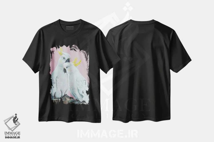 تیشرت مشکی طرح دار کاکاتوهای سفید گوگردی، هنر فاخر معاصر اثر هیلی موریس | فروشگاه ایماژ