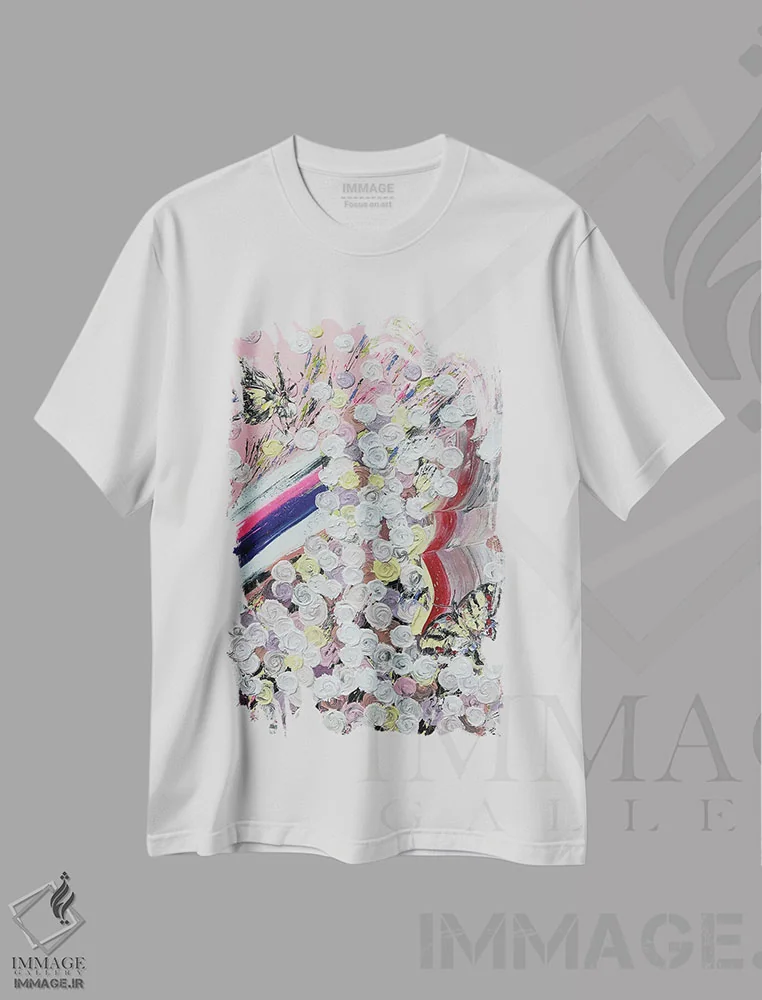 تیشرت سفید طرح دار سری رز ۴ - باد، مه۲، آبستره اثر جونگ-هیون پارک | فروشگاه ایماژ