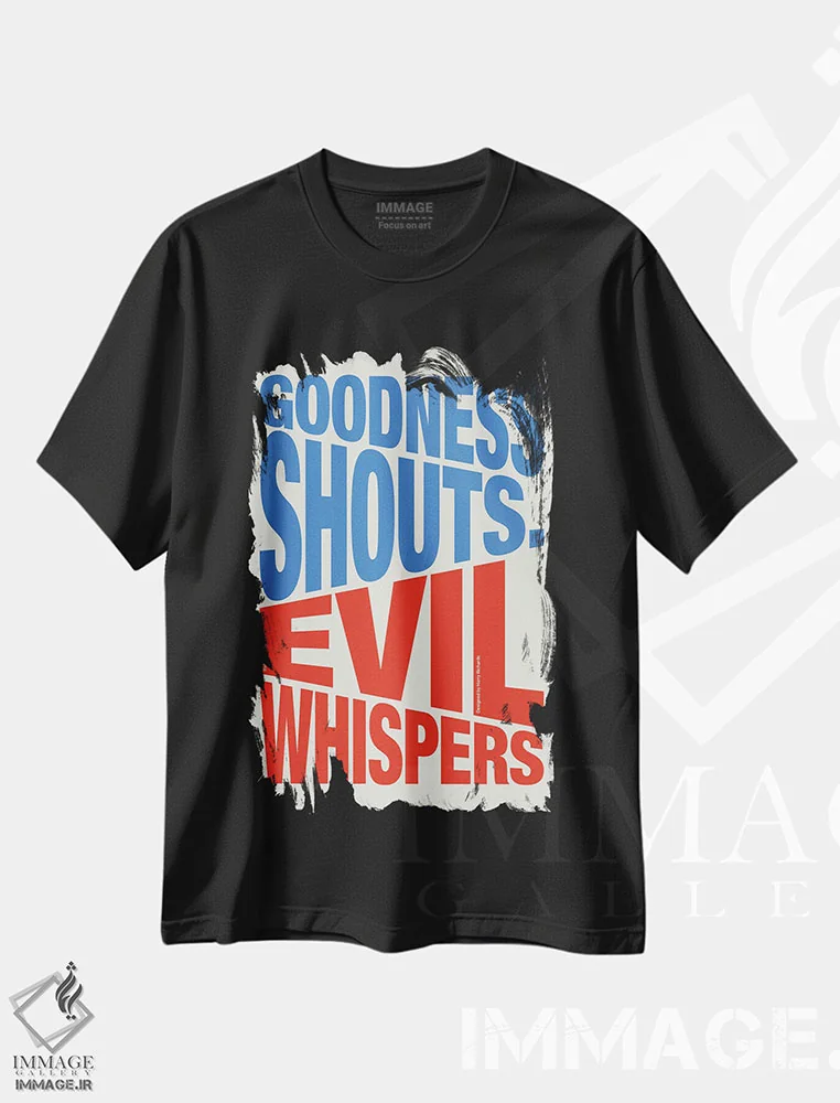 تیشرت مشکی طرح دار نیکوکاری فریاد می زند، تزئینی اثر هری ریچاردز | immage.ir
