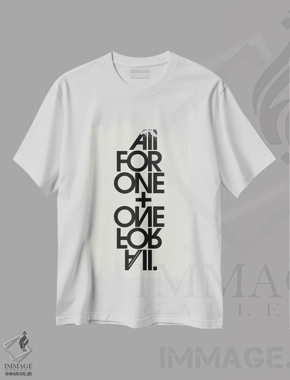 تیشرت سفید طرح دار همه برای یکی و یکی برای همه، تزئینی اثر هری ریچاردز | فروشگاه ایماژ