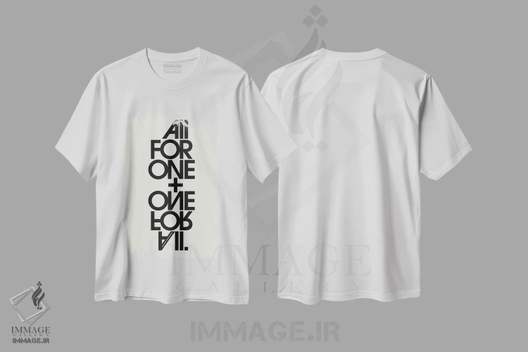 تیشرت سفید طرح دار همه برای یکی و یکی برای همه، تزئینی اثر هری ریچاردز | فروشگاه ایماژ
