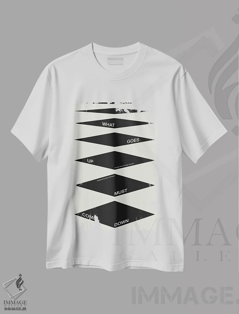 تیشرت سفید طرح دار هر آنچه بالا رود پایین بیاید، تزئینی اثر هری ریچاردز | immage.ir