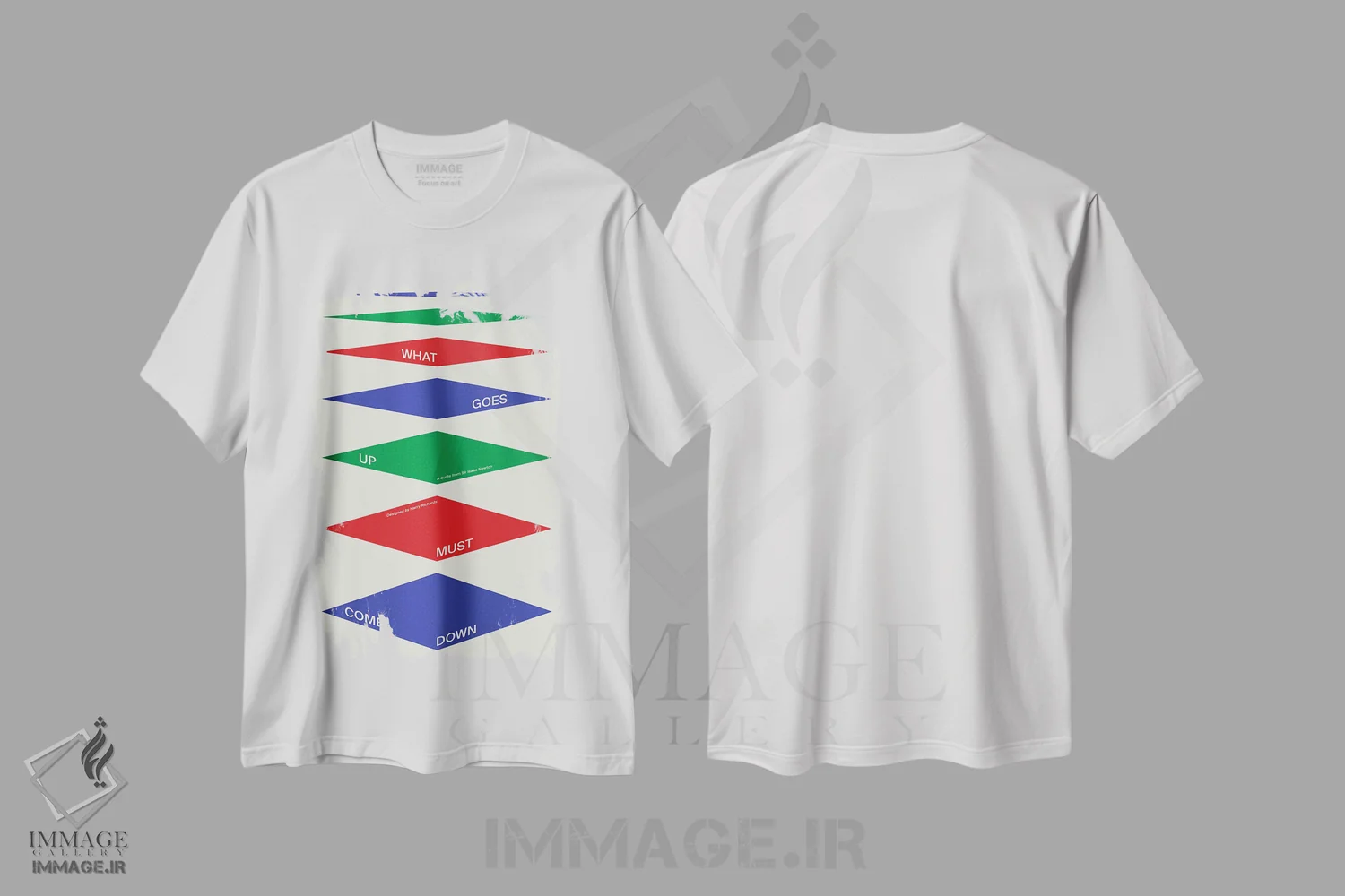 تیشرت سفید طرح دار هر آنچه بالا رود پایین بیاید، تزئینی اثر هری ریچاردز | فروشگاه ایماژ
