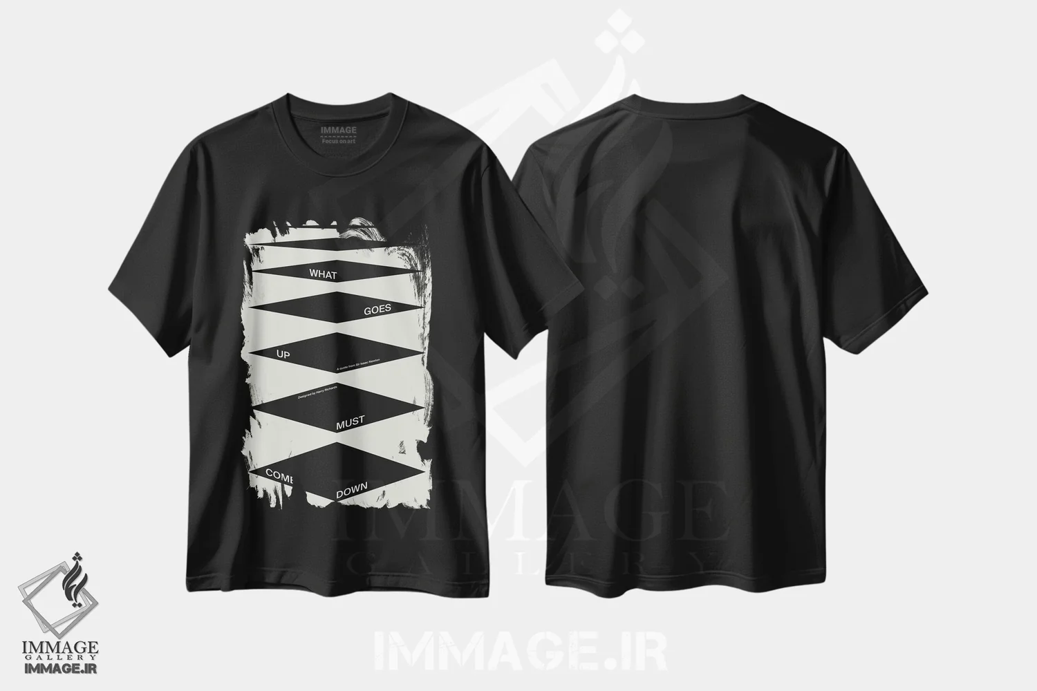 تیشرت مشکی طرح دار هر آنچه بالا رود پایین بیاید، تزئینی اثر هری ریچاردز | فروشگاه ایماژ