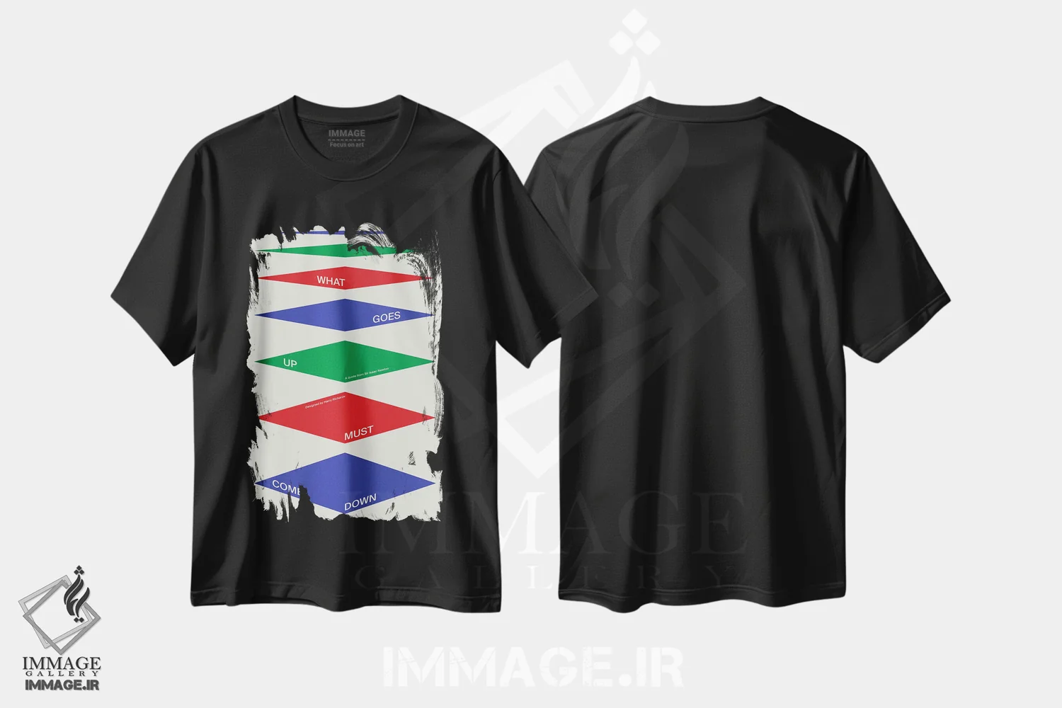 تیشرت مشکی طرح دار هر آنچه بالا رود پایین بیاید، تزئینی اثر هری ریچاردز | immage.ir