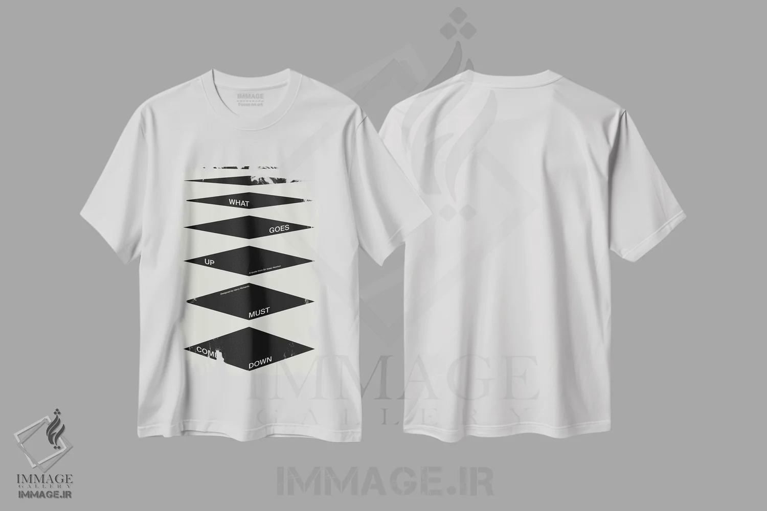 تیشرت سفید طرح دار هر آنچه بالا رود پایین بیاید، تزئینی اثر هری ریچاردز | immage.ir