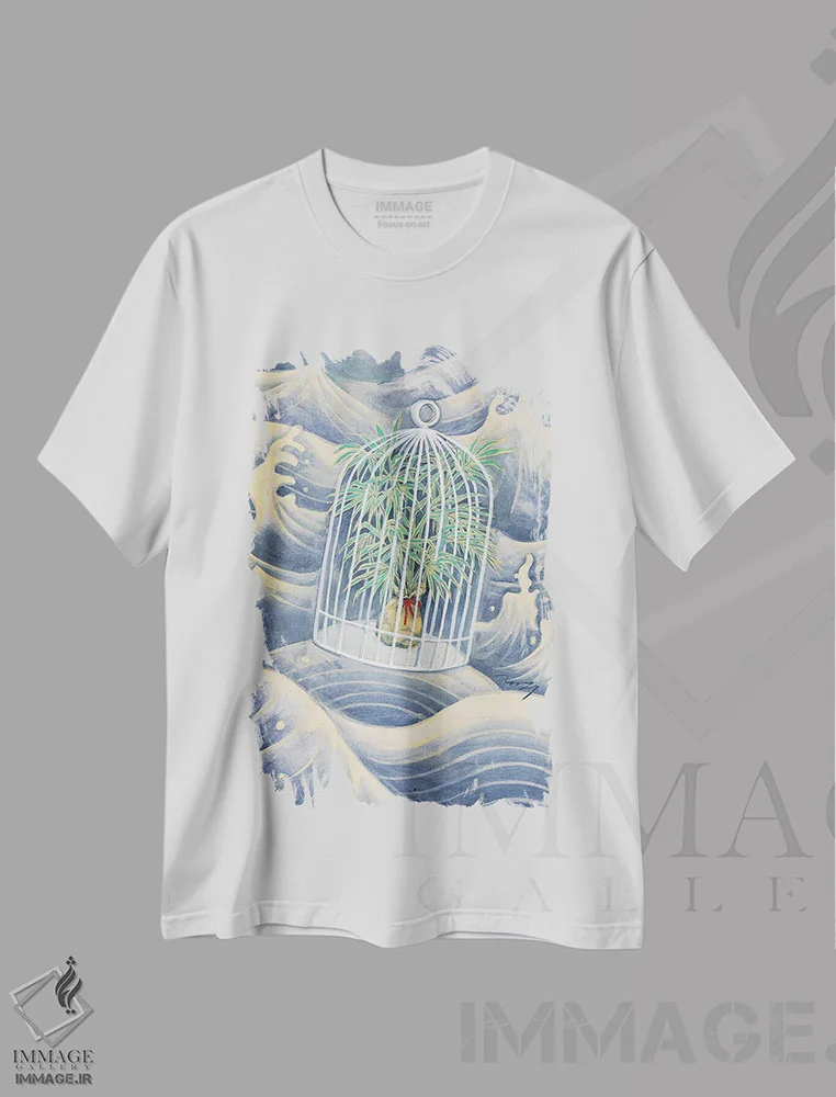 تیشرت سفید طرح دار پرتره جوان شناور - گیاه، دکور آسیایی اثر هایسو هان | فروشگاه ایماژ