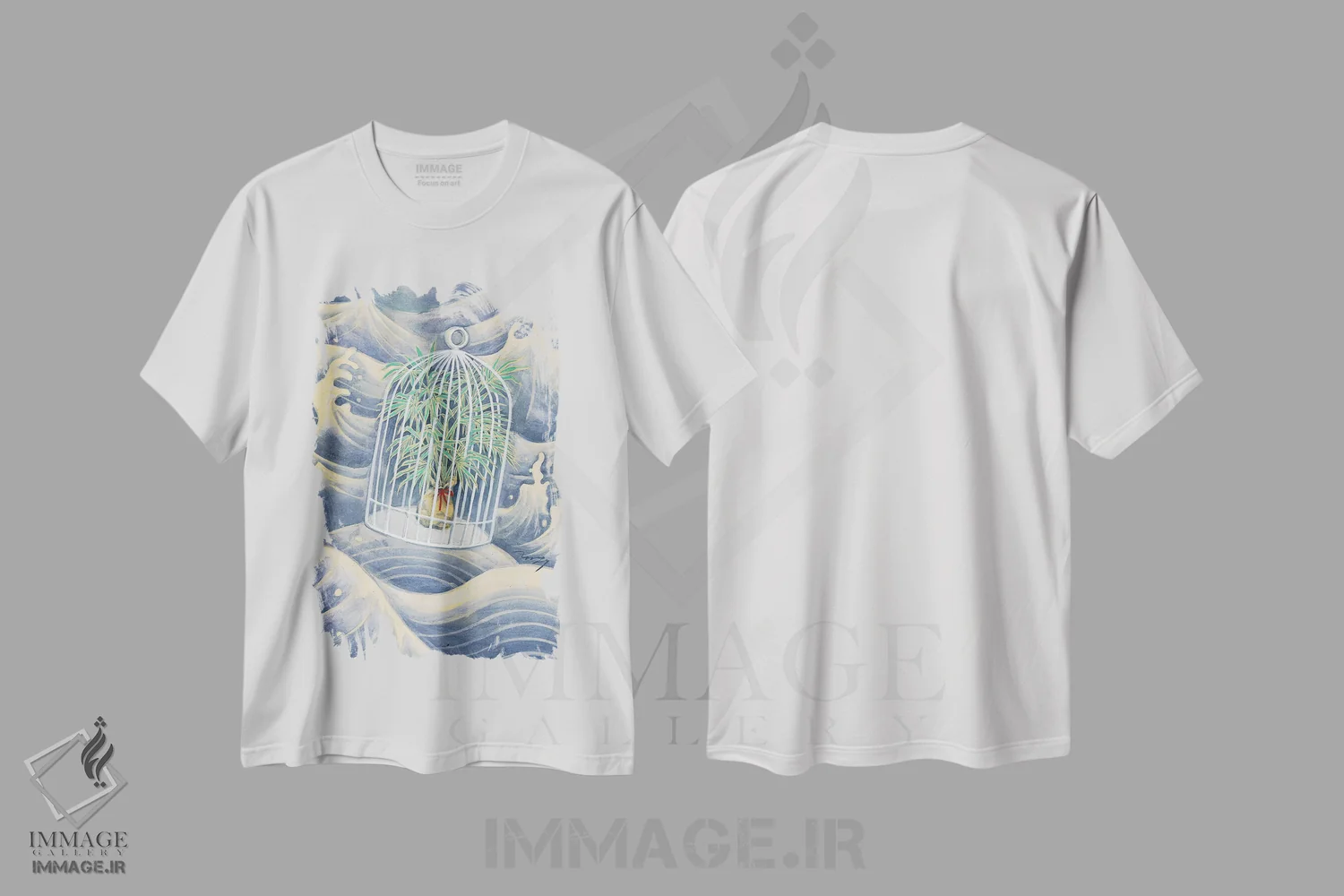 تیشرت سفید طرح دار پرتره جوان شناور - گیاه، دکور آسیایی اثر هایسو هان | فروشگاه ایماژ
