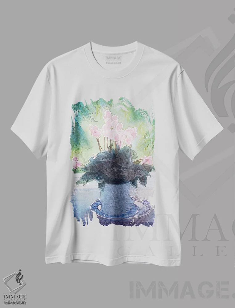 تیشرت سفید طرح دار سیکلامن یک، هنر فاخر معاصر اثر ایان بک | فروشگاه ایماژ