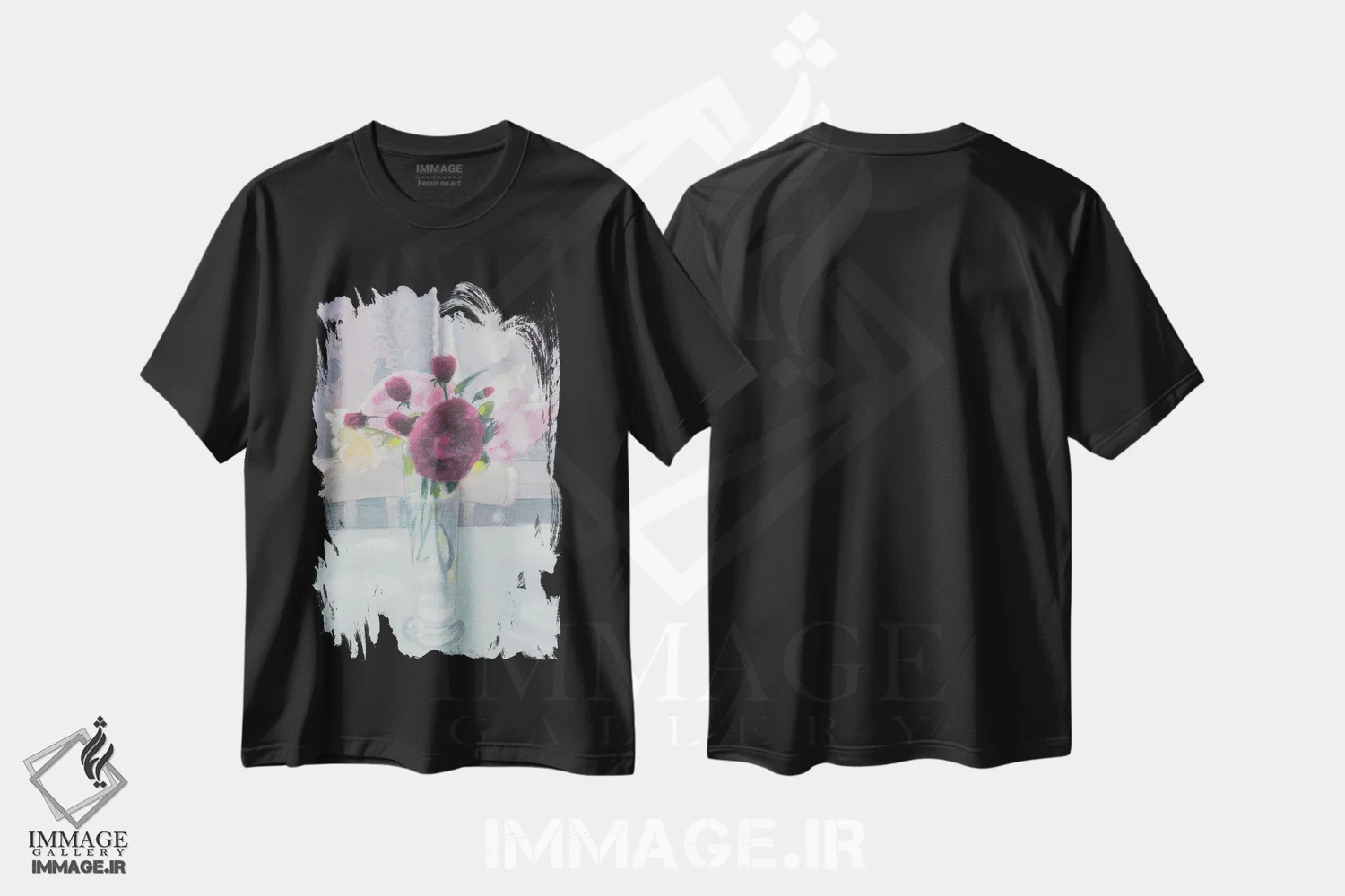 تیشرت مشکی طرح دار رزهای باغ در لیوان ۲۰۲۳، هنر فاخر معاصر اثر ایان بک | فروشگاه ایماژ
