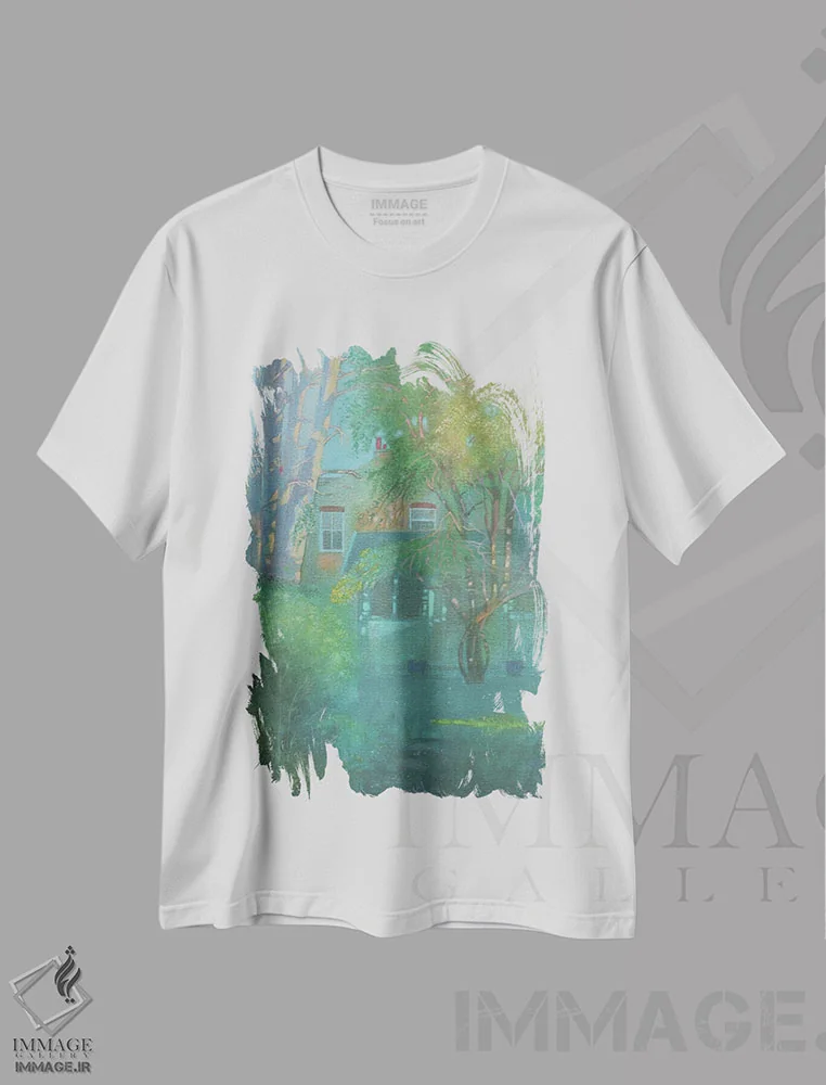 تیشرت سفید طرح دار عصر دیرهنگام آوریل در باغ، هنر فاخر معاصر اثر ایان بک | فروشگاه ایماژ