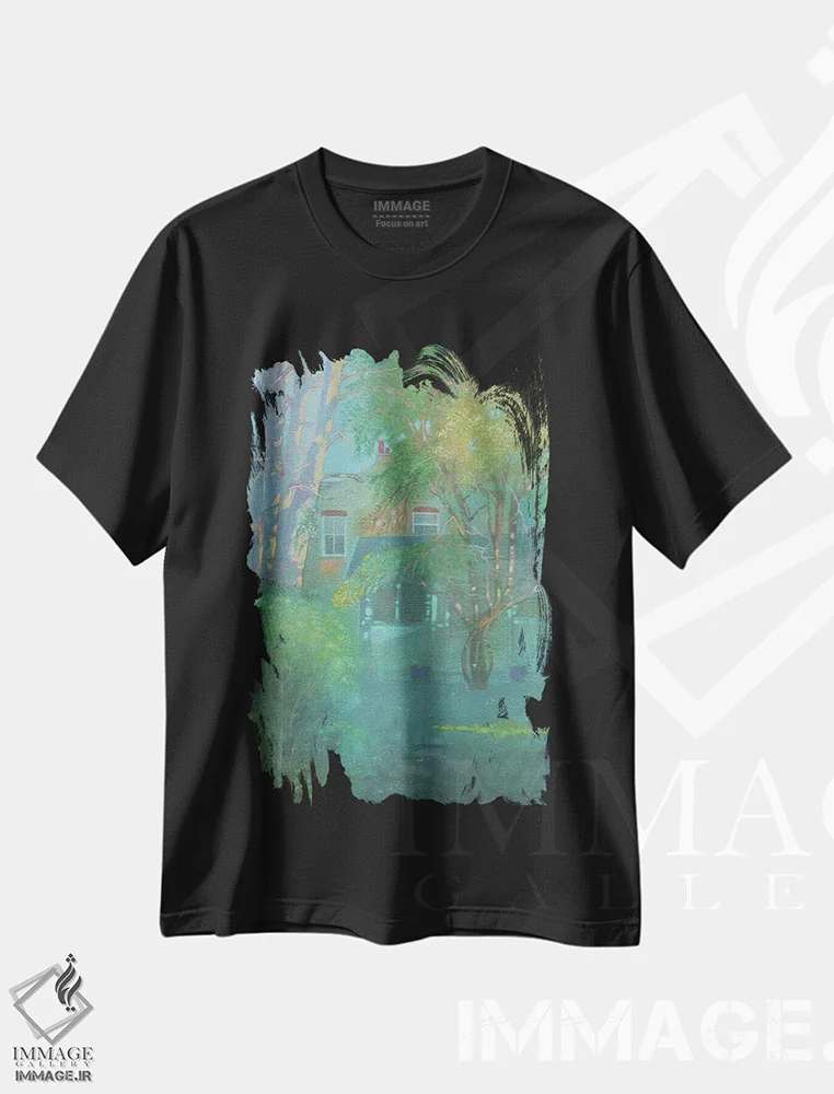 تیشرت مشکی طرح دار عصر دیرهنگام آوریل در باغ، هنر فاخر معاصر اثر ایان بک | immage.ir