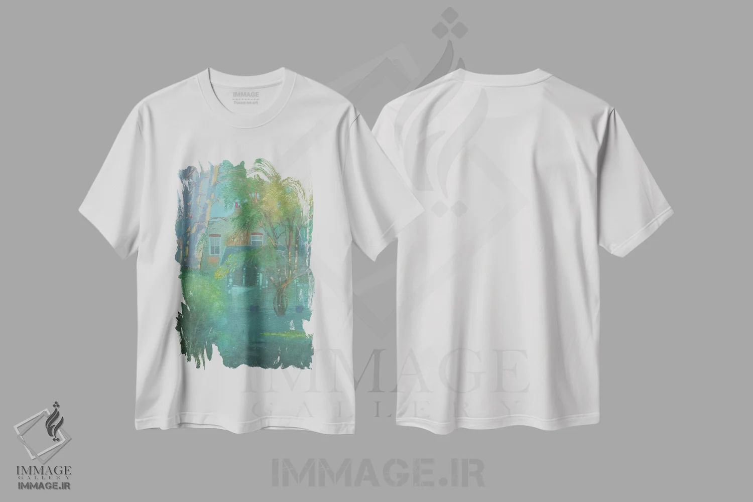 تیشرت سفید طرح دار عصر دیرهنگام آوریل در باغ، هنر فاخر معاصر اثر ایان بک | فروشگاه ایماژ