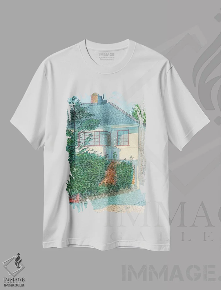 تیشرت سفید طرح دار خانه مدرن در شرق توئیکنهام، هنر فاخر معاصر اثر ایان بک | فروشگاه ایماژ