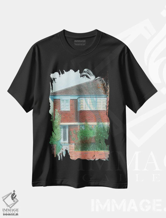 تیشرت مشکی طرح دار خانه مدرن با سایه درخت شرق توئیکنهام، هنر فاخر معاصر اثر ایان بک | immage.ir